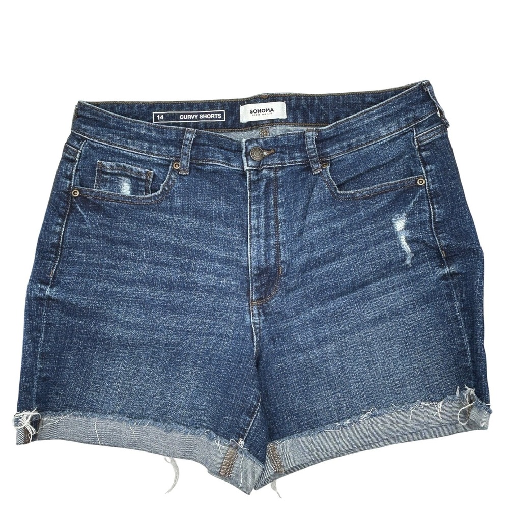 Sonoma Curvy Denim Shorts Cuffed Hem Distressed Dark Wash Women's Plus Size‎ 14